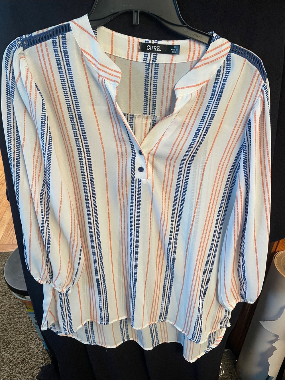 CURE Striped Split-Neck Blouse in White with Blue & Orange Stripes